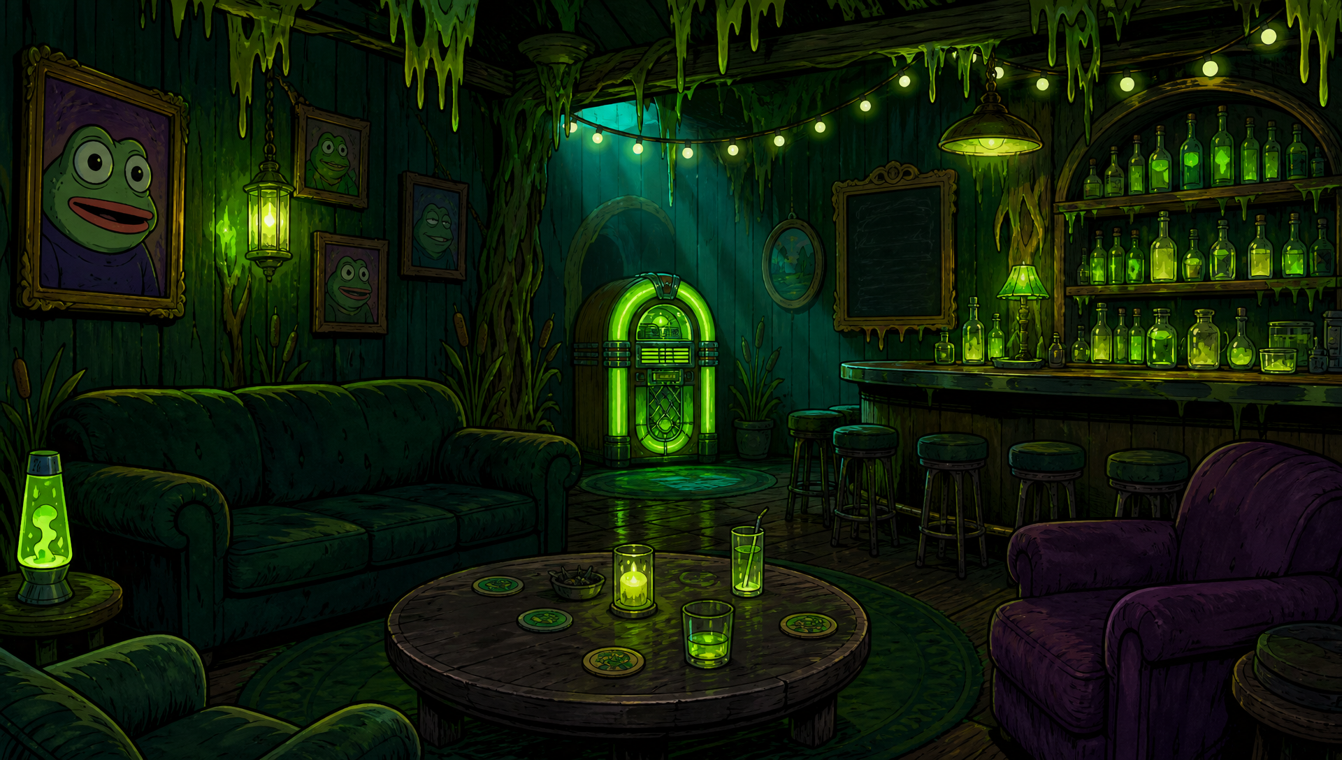 Inside The Goo Lounge, the hand-drawn $SLIMY swamp bar